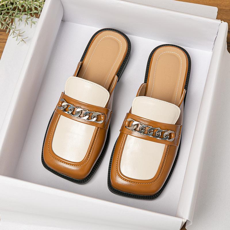 Fashion Wide Fit Square Toe Mules Women Brand Chain Pantuflas Causal Slip On Shoes Ladies Flat Sandals Barefoot Slides Antiskid Slippers