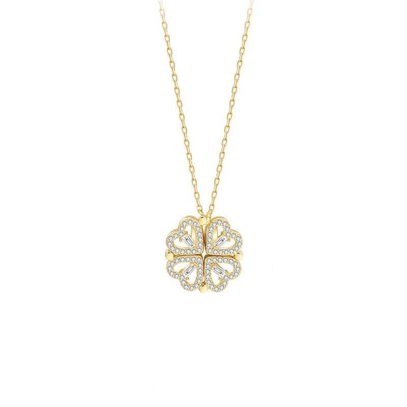 Sterling Heart Pendant Necklace With Clover Zircon Charm Magnetic Clasp Women Fashion OL Jewelry