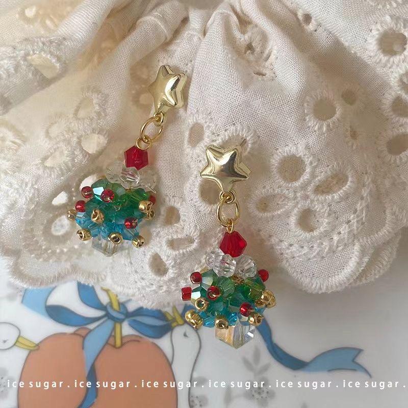 3D Christmas Tree Earrings with Red Bow - Heavy Beaded Crystal Ear Clips, Hand-Woven Holiday Accessories