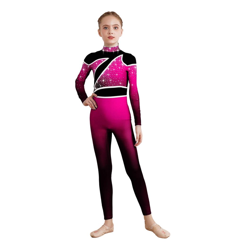 Kids Gymnastics Costume Color Block Bodysuit Mock Neck Long Sleeve Shiny Rhinestones Back