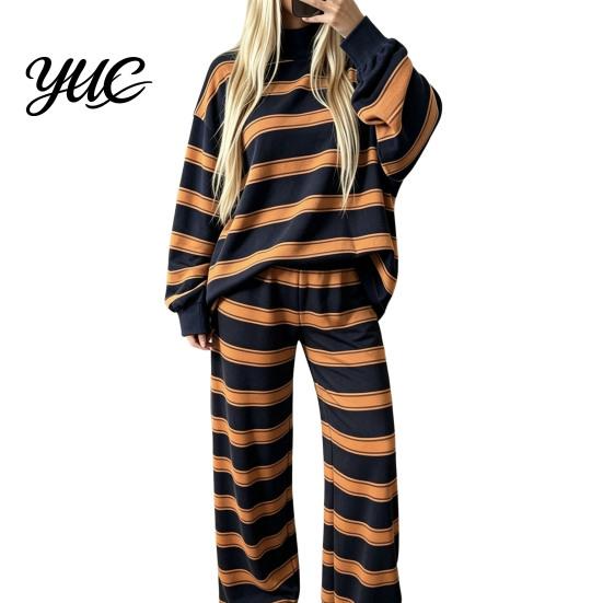 Comfy Sleepwear Sets 2Pcs/Set Women Casual Tracksuit, Mock Neck Long Sleeve Tops, Wide Hoodie Track Pants Leg Sweatpants, Striped Print Outfit