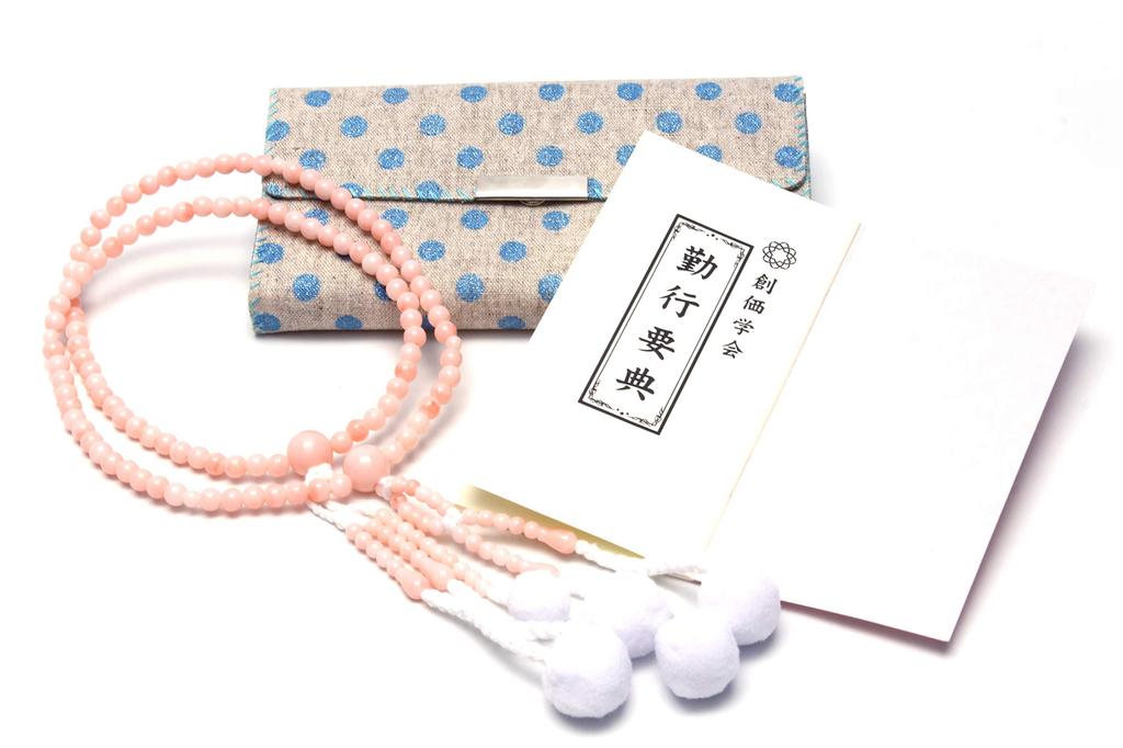 Soka Gakkai Prayer Beads New Member Present Gongyo 3 Piece Set for Women Prayer Beads Pink Coral Prayer Bead Holder Dot Blue