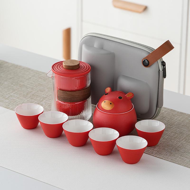 Year of the Horse Portable Kung Fu Tea Set - White Porcelain Gift with Logo Bowls.
