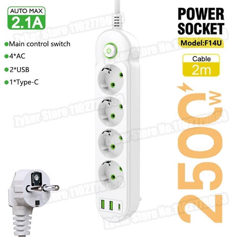 F14U F20U EU Plug Power Strip 2M Extension Cable 4/8 AC Outlets Electrical Socket With USB Type C Network Filter Fast Charging