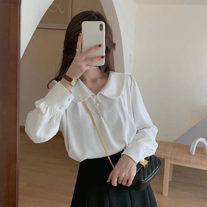 Women's Chiffon Shirt Spring Summer French Retro Puff Sleeve Blouse Top Solid Color S-XL