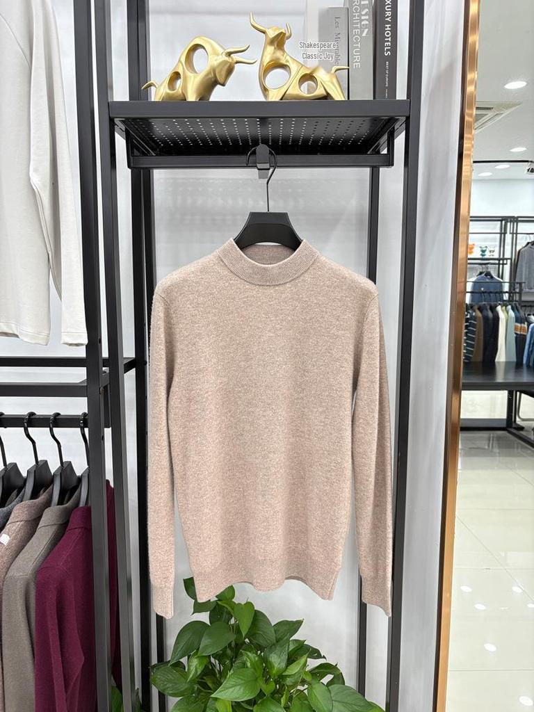 Men's 100% Pure Merino Wool Sweater - Solid Color Half-High Neck for Autumn/Winter 2025