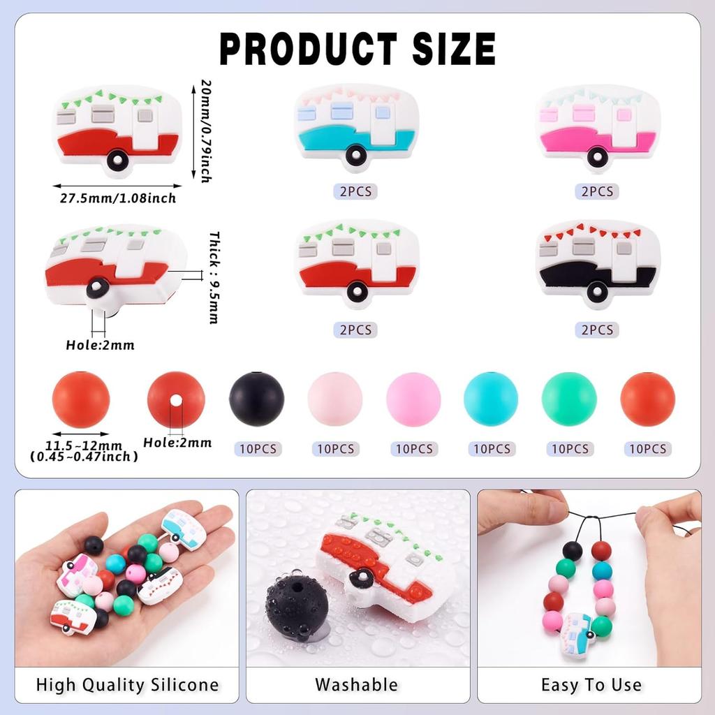 Fashewelry 68Pcs 12mm Silicone Beads Bulk Silicone Focal Bead Spacer Beads Campervan Rubber Round Beads for Jewelry Making Keychain Making Crafts DIY