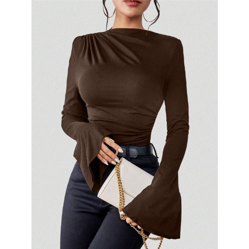 Women's Fall/winter Versatile Shirred Design Flared Sleeve Stand-up Collar Slim T-shirt