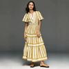 European and American High-end Printing V-neck Waist Exquisite Dress Women's Skirt Bubble Sleeve Cake Skirt Vacation Style Dress