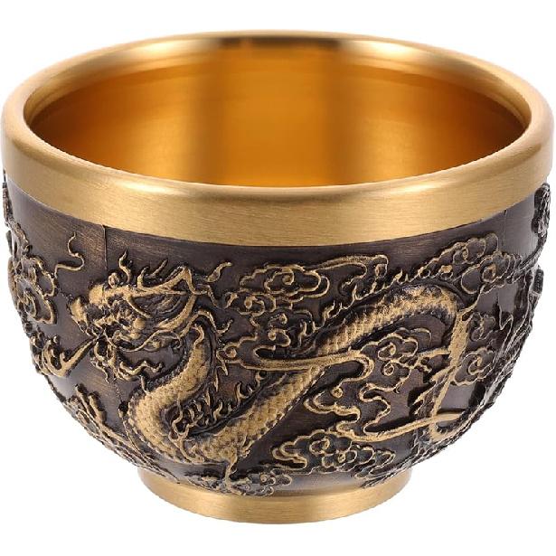 ARTIBETTER Kung Fu Teacups Chinese Copper Tea Cup Vintage Dragon Pattern Tasting Cup Embossed Traditional Mugs Japanese Sake Cup for Coffee Espresso 6X6X4.5cm