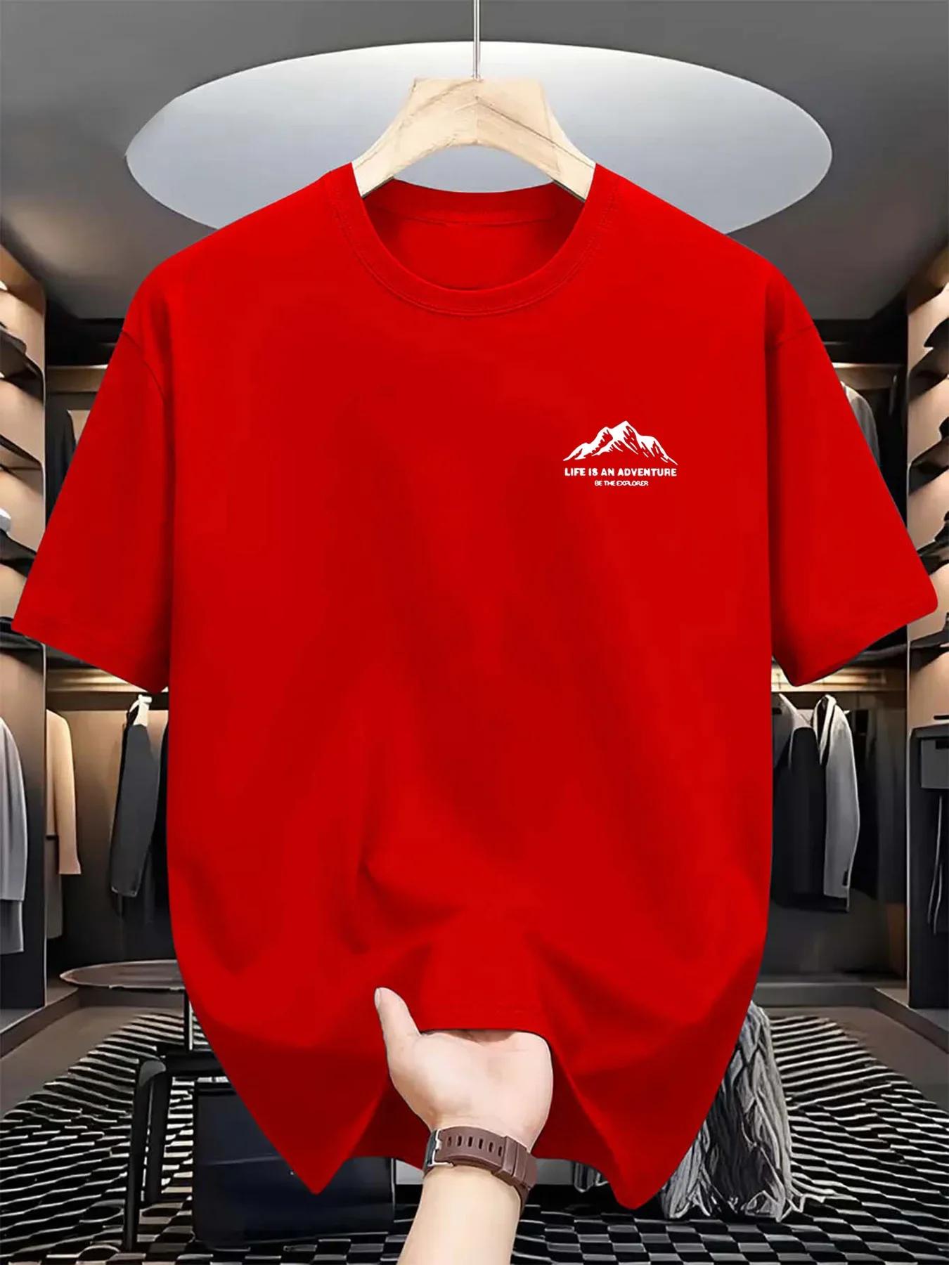 

Summer men s 100% pure cotton casual sports loose letter and mountain printed comfortable round neck short sleeved T-shirt top#Color(5) S