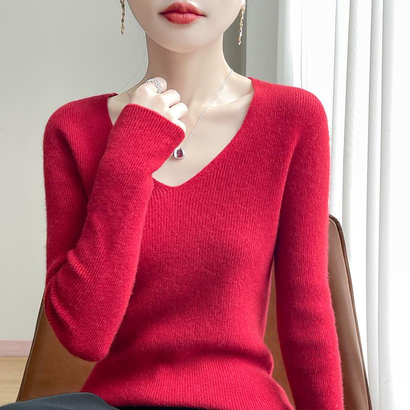 New Autumn and Winter Women's Pullover Sweater Long-sleeved Tight Slimming Knitted Sweater V-neck Slimming Base Layer