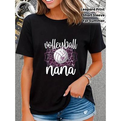 Europäische Größe Volleyball Nana Grafik T-Shirt - Damen Casual Kurzarm-Tee mit Herz & Leopardenmuster Design | Schwarz, Perfekt für den Sommer