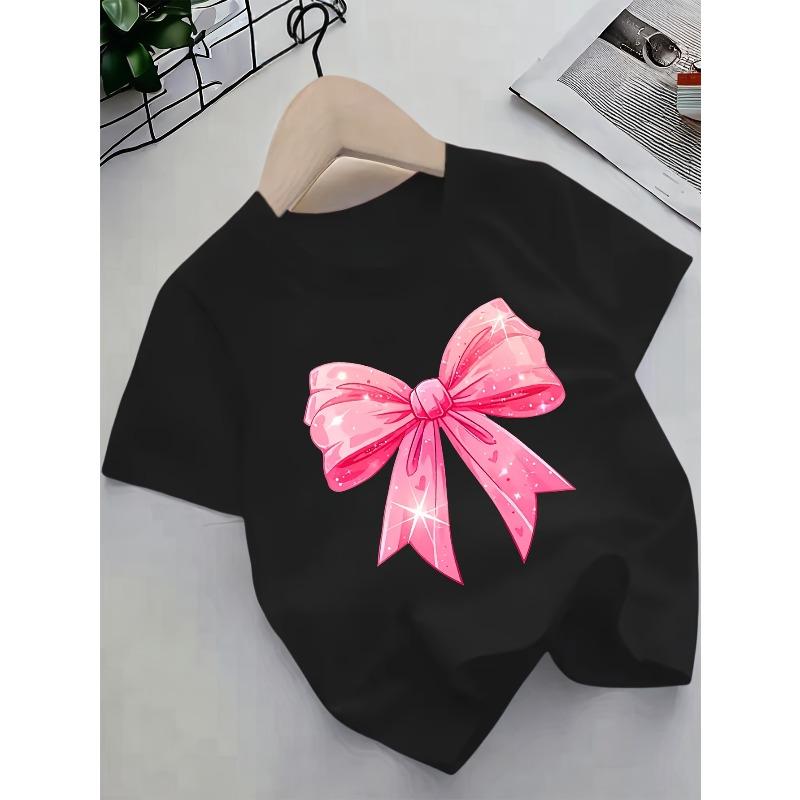 European Sizes 1pc Girls' Round Neck T-Shirt, Easy Bow Design, Cute And Minimalist Fashion Casual All-Match,  Suitable for Girls Under 12