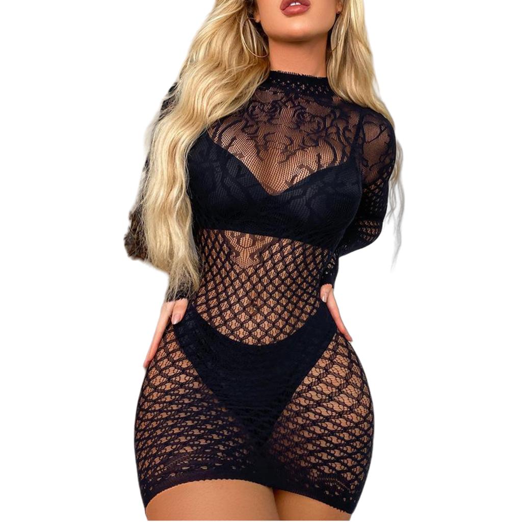 Dame Sexy Mesh Fishnet Mini Kjole One Piece kjoler Bodysuit Undertøy Dame Se Through Backless Hollow Out Dress Undertøy Sexy Kostymer Plus Size