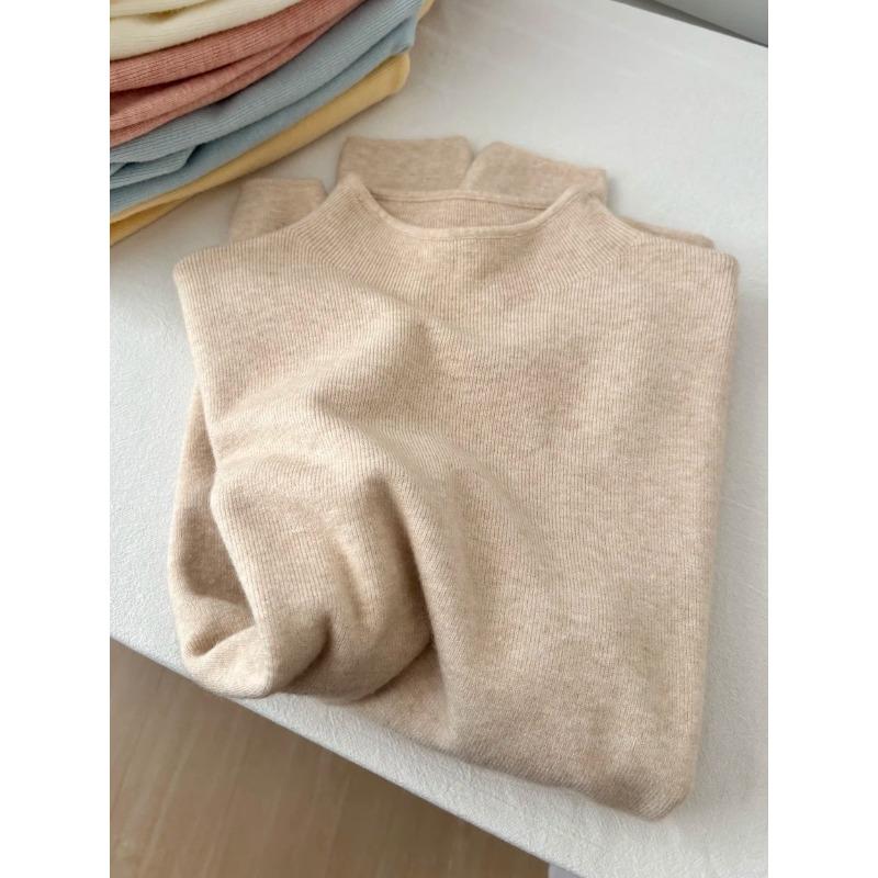 Tender yellow soft waxy semi-turtleneck knitted sweater women's autumn and winter stacked wear inner top versatile bottom long sleeve