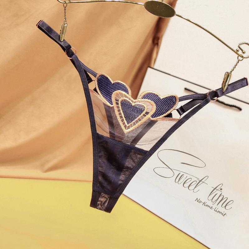 Love Heart Lolita Embroidered Lace-Up Thong - Plus Size Adjustable Sheer Anime Panties