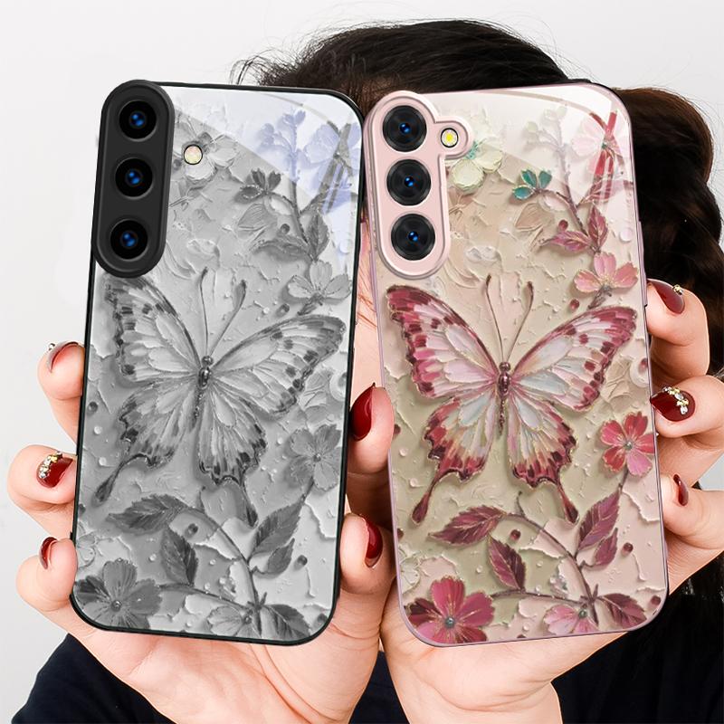Elegant Pink Butterfly For Samsung S26 S22 S8 S9 S10 S20 Ultra S21 Pro S22 Plus S23 FE S24Ultra S25 Edge S24+ Glass Phone Case