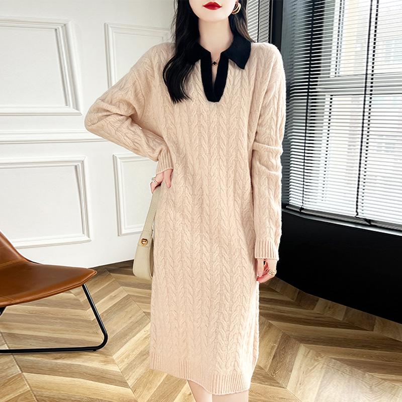 Women's Long Sleeve Knee-Length Cable Knit Polo Dress - Autumn 2024 Collection.