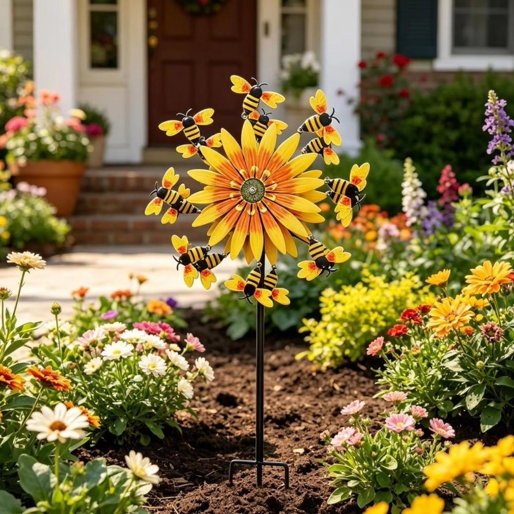 Double Sided Bee Wind Spinner Anti-Rust Metal Garden Stake Sunflower Motion Art Wind Yard Ornament
