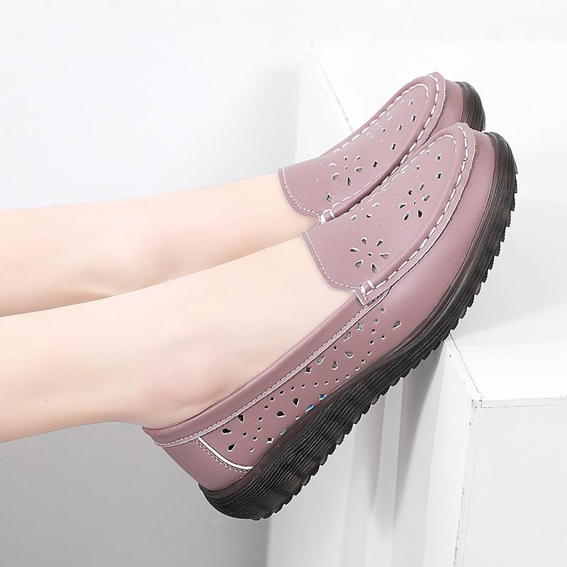 Vår och Sommar Äkta Läder Ihåliga Bönskor Casual och Mångsidiga Lata Damskor
