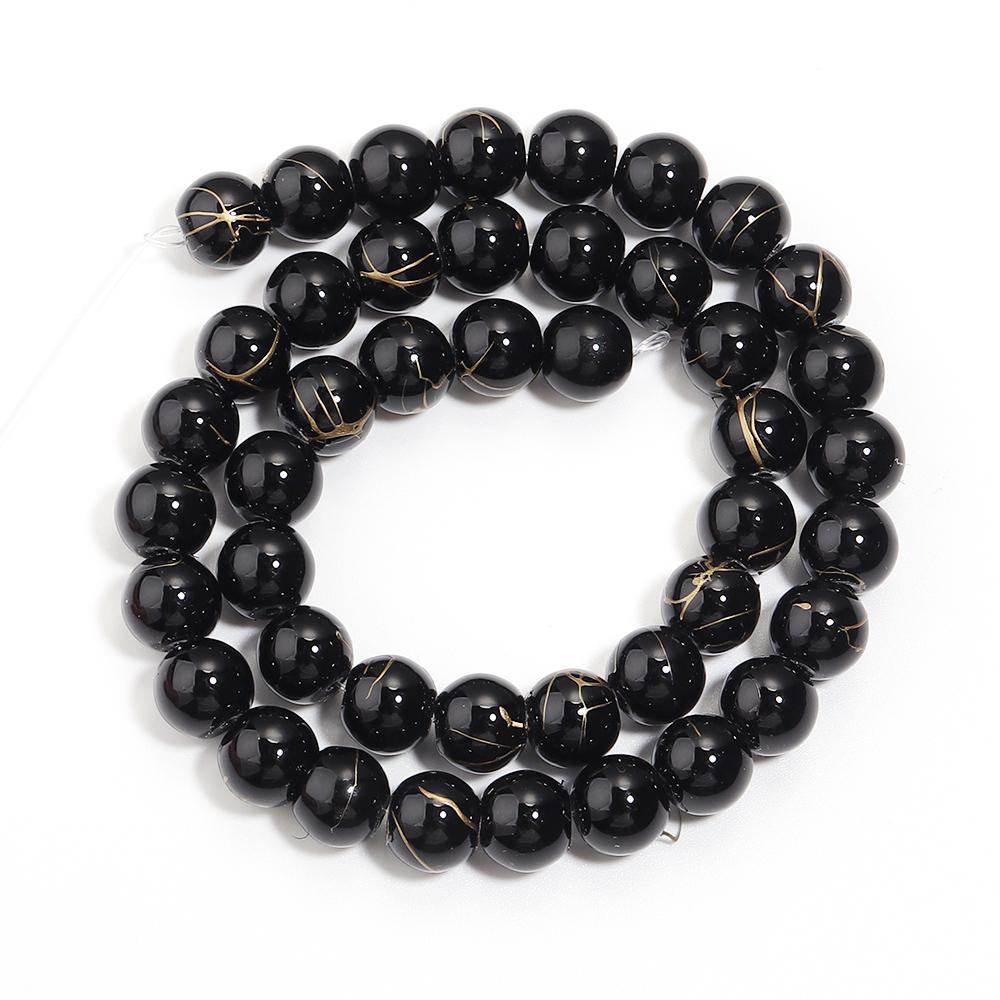 

30-60pcs/lot 6/8/10/12mm Round Black Glass Beads Gold/Silver Patterned Glass Beads Loose Beads For Jewelry Making DIY Accessory 6mm apx 60pcs