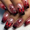 24PCS Gothic False Nails Dark Red Vine Pattern Medium Coffin Press On Nail Sticker Sweet Cool Glossy French Fake Nail Spice Girl