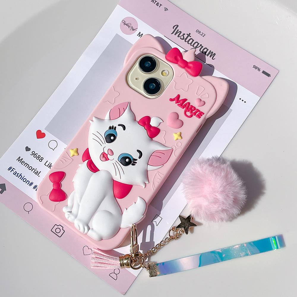 3D Kawaii Cartoon Marie Katze Handyhülle Weiche Silikonhülle für iPhone 12 13 14 15 Plus iphone 16 Pro Max Mit Haarbällchen Anhänger