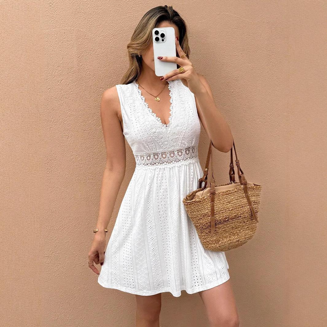 European and American summer new temperament elegant sleeveless V-neck lace splicing jacquard casual dress S белый