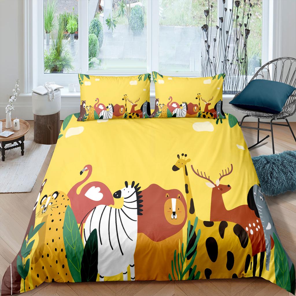 Funda Nórdica de Animales de Dibujos Animados Rey Reina Elefante Jirafa León Juego de Cama para Niños Vida Salvaje Amarillo 2/3 Piezas Funda de Colcha de Poliéster
