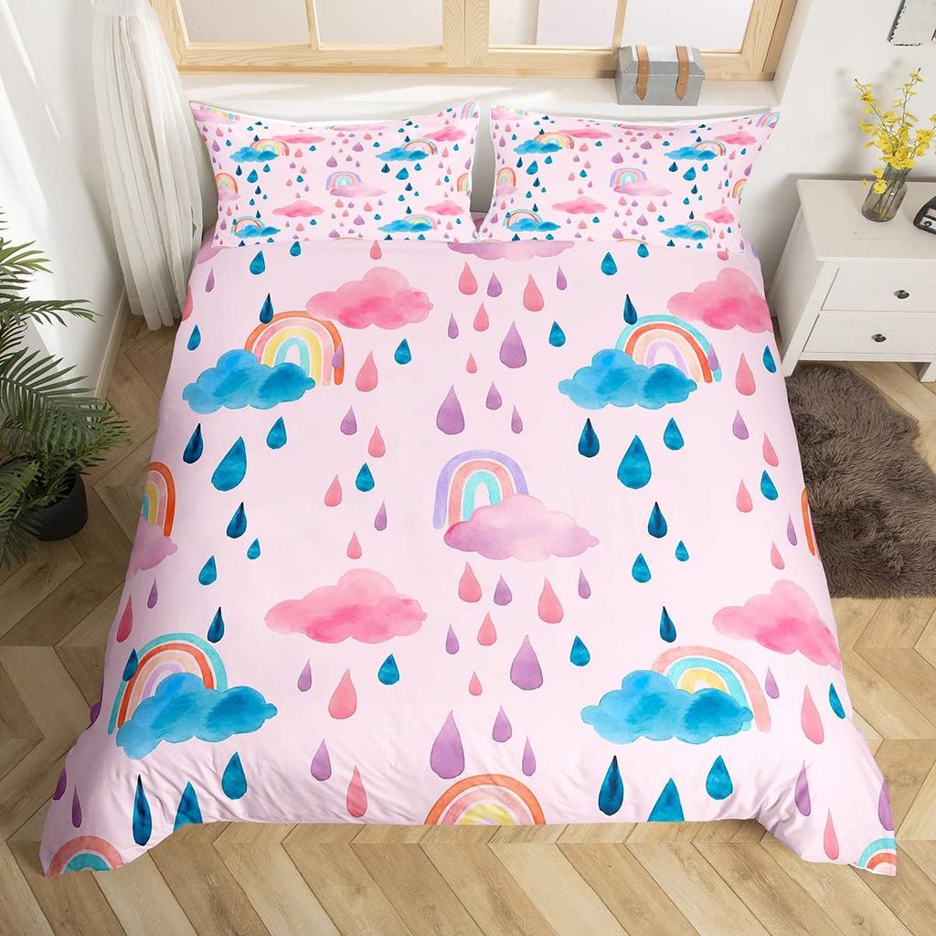 Carton Rainbow King Quen Soft Duvet Cover Children Kids Young Girls Clouds Beding Set Love Heart Warm Comforter Cover Polyester Comfortable Quilt