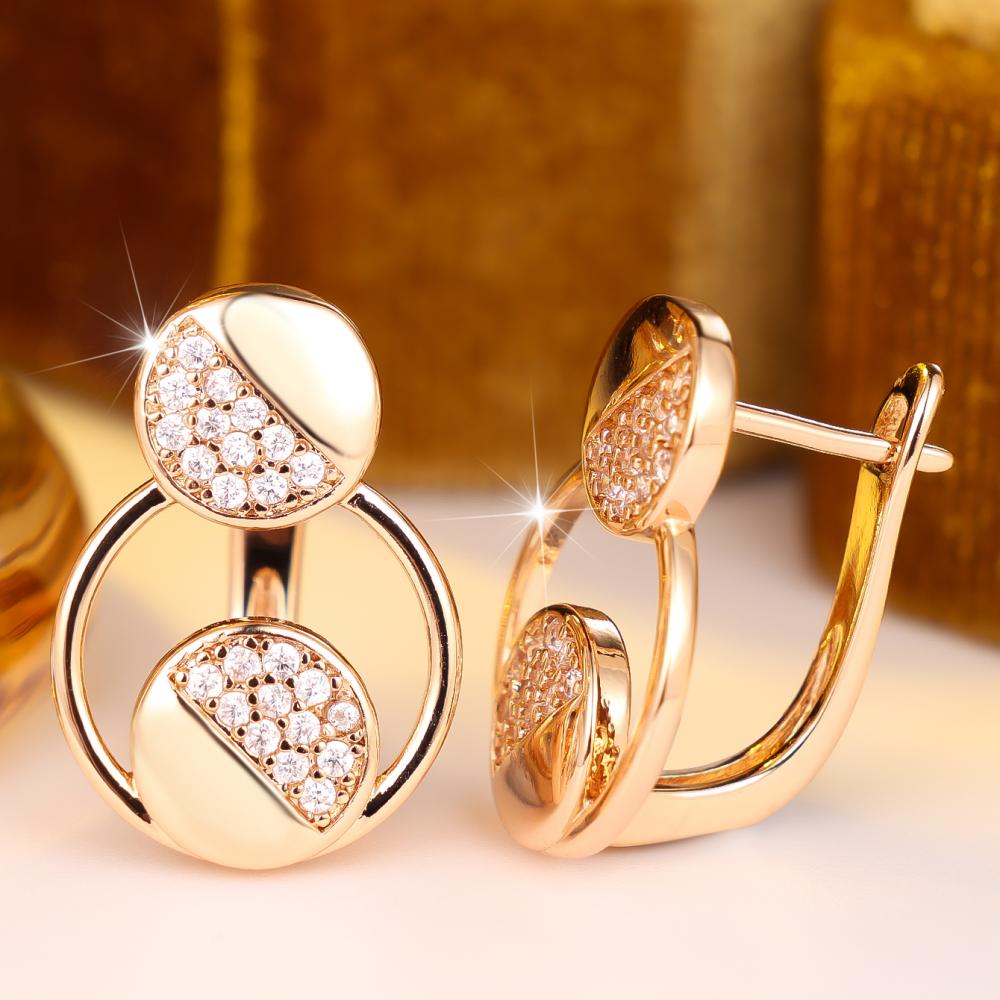 Fashion Gold Color Geometric Double Circle Half Paved Zircon Stud Earrings for Women Daily Office Simple Jewelry