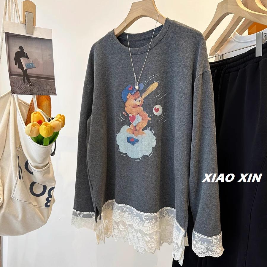 

Korean Style Double-Layer Lace Edge Bear Print Thick Long-Sleeve T-shirt M