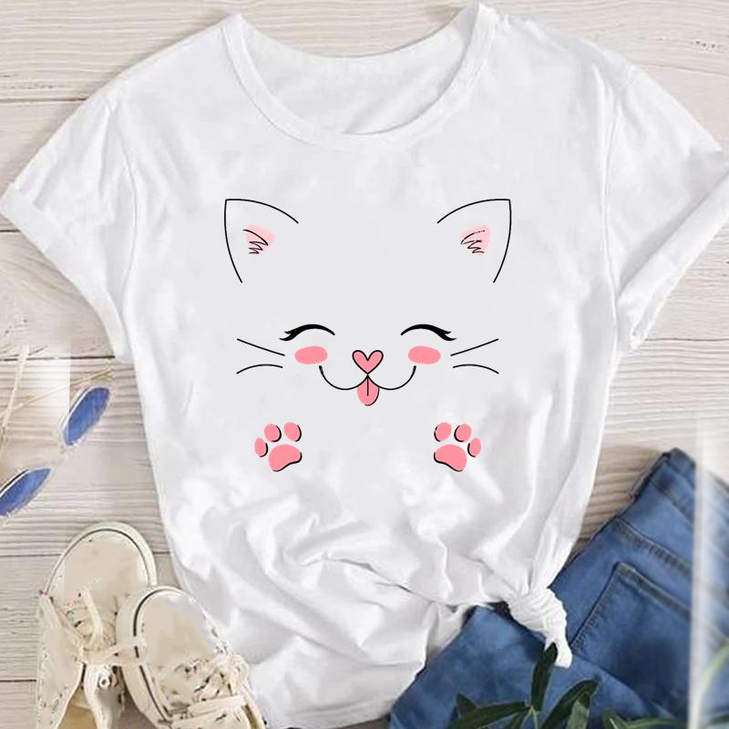 Women Lady Oversized T-shirt Tees Female Korean Fashion Summer Short Sleeve Cartoon Print Graphic Clothes Tops Cute Cat Animal T-Shirts Women’s