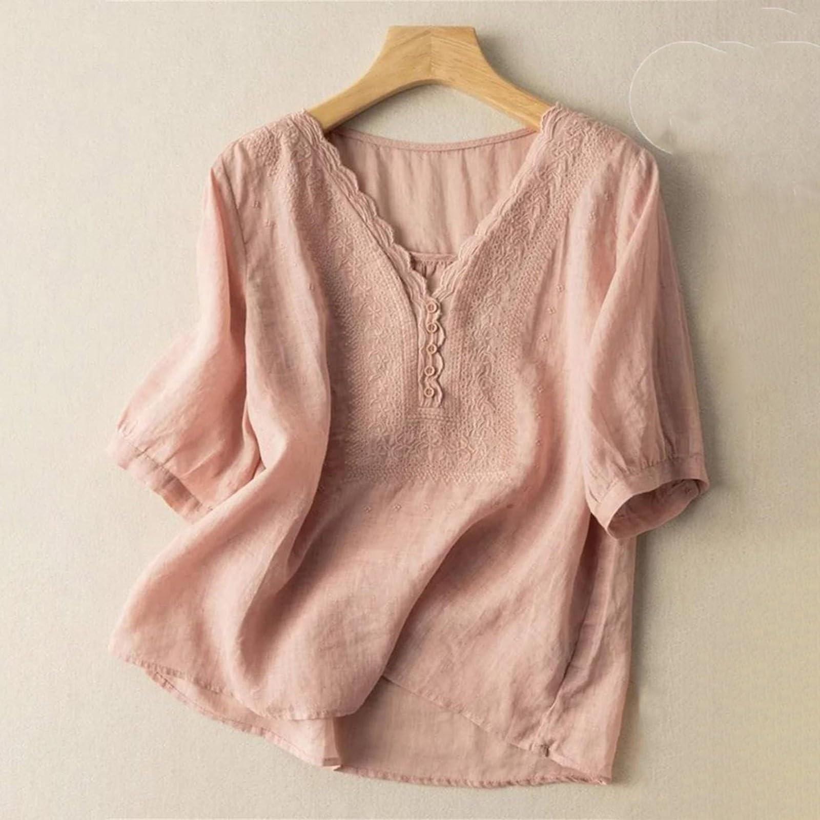 

Женская однотонная хлопковая и льняная футболка с короткими рукавами и вышивкой в стиле ретро, дышащая, с круглым вырезом L розовый