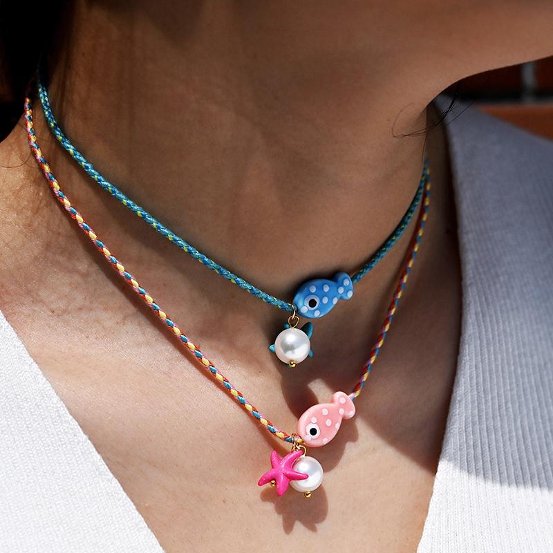 Colorful Bohemian Ceramic Fish Pendant Necklace For Women Adjustable Multicolored Rope Choker, Perfect For Summer Beach Vacation
