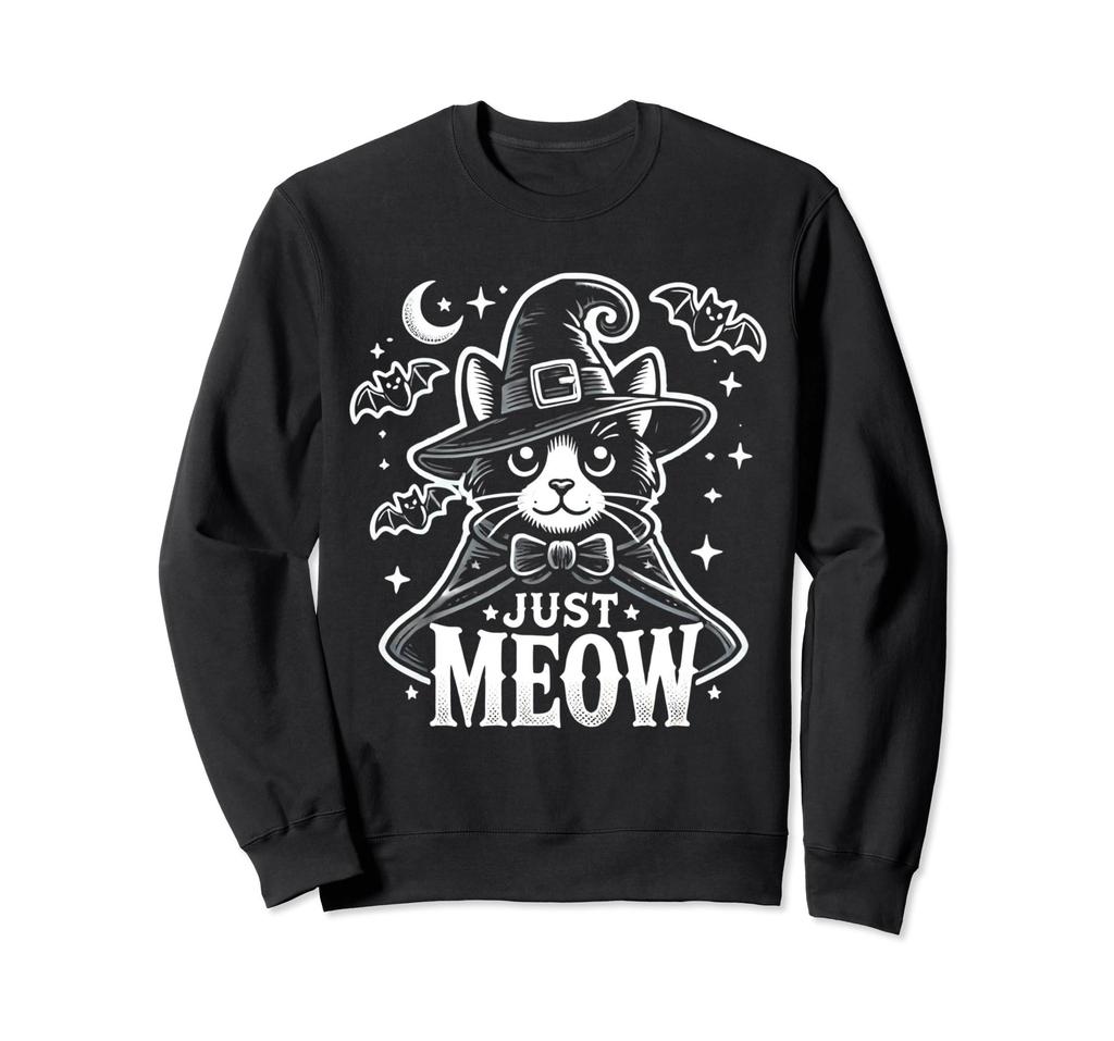 Halloween design of a black cat in a hat just meows Sweatshirt witch's