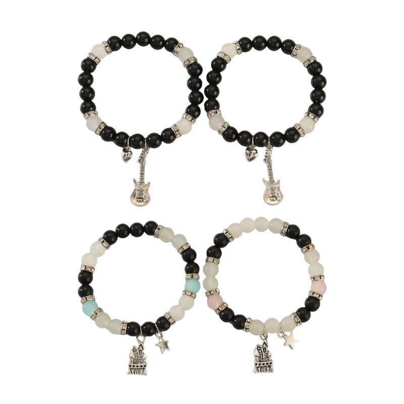 2Pcs Matching ElasticCouple Bracelets Glass Beaded Handchain for Him and Her Adjustable Length Wristchains Jewelry