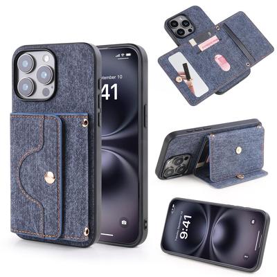 iPhone 17 Case: Compatible with Apple 16 Pro Max, 15, 14 - Denim Texture with Wristband Card Holder