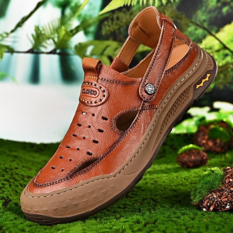 Fashion Summer Fashion New Men's Comfortable Two-layer Cowhide Toe Cap Sandals Brand Outdoor Men's Thick Soled Anti Slip Beach Shoes