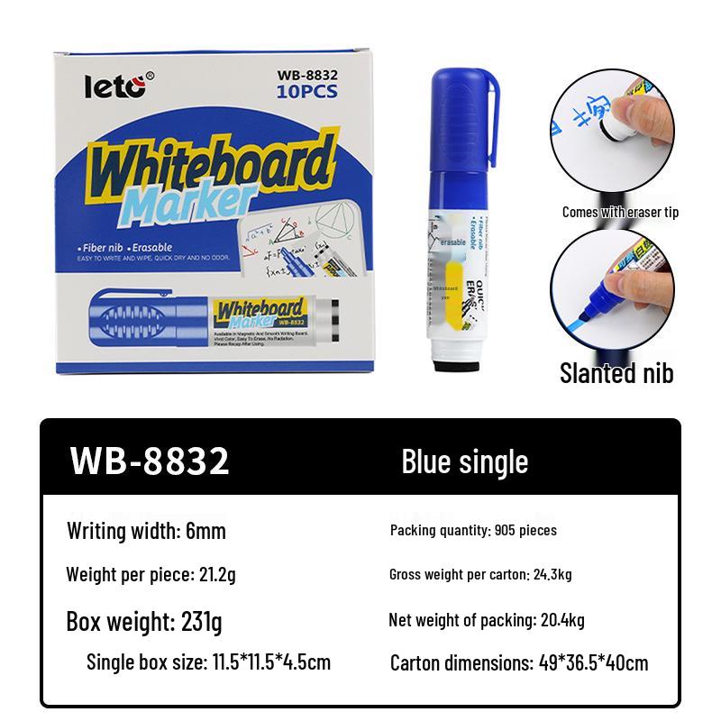 Erasable Water-Based Whiteboard Marker - No Marks, Easy to Erase, Thick Colored Drawing Pen for Teachers.