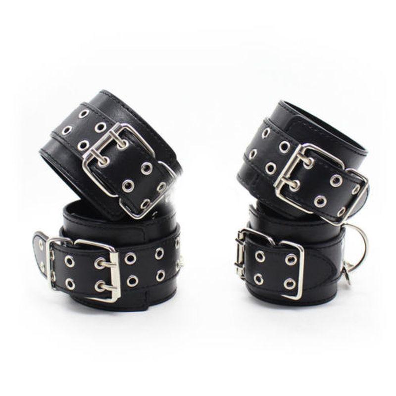High Quality Black PU Leather Neck Collar Hand Cuffs Ankle Cuffs Sex Toys For Couples Slave Bondage   Restraints Kit