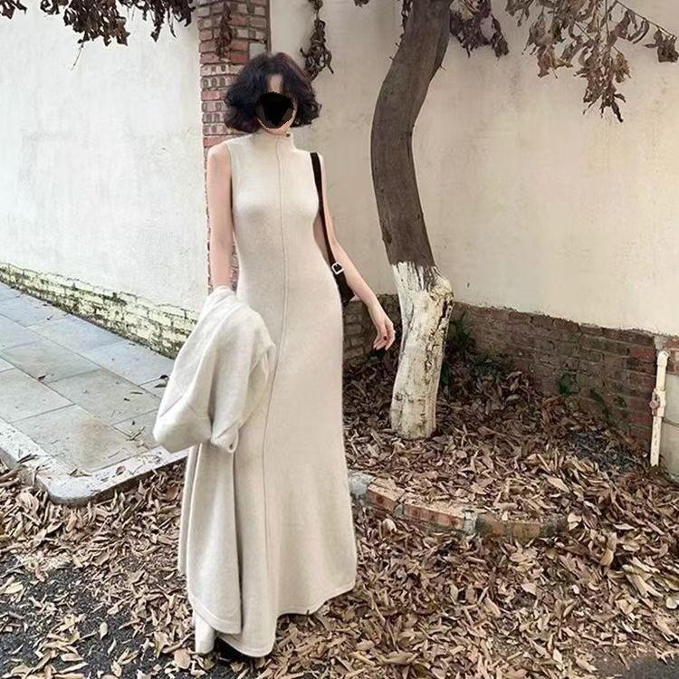 Hochgeschlossenes ärmelloses Strickkleid & Mantel Cardigan Zweiteiler-Set