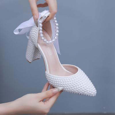 Crystal Queen Fashion Sexy High Heels Women White Pearl Wedding Shoes Elegant Trendy Summer Party Sandals