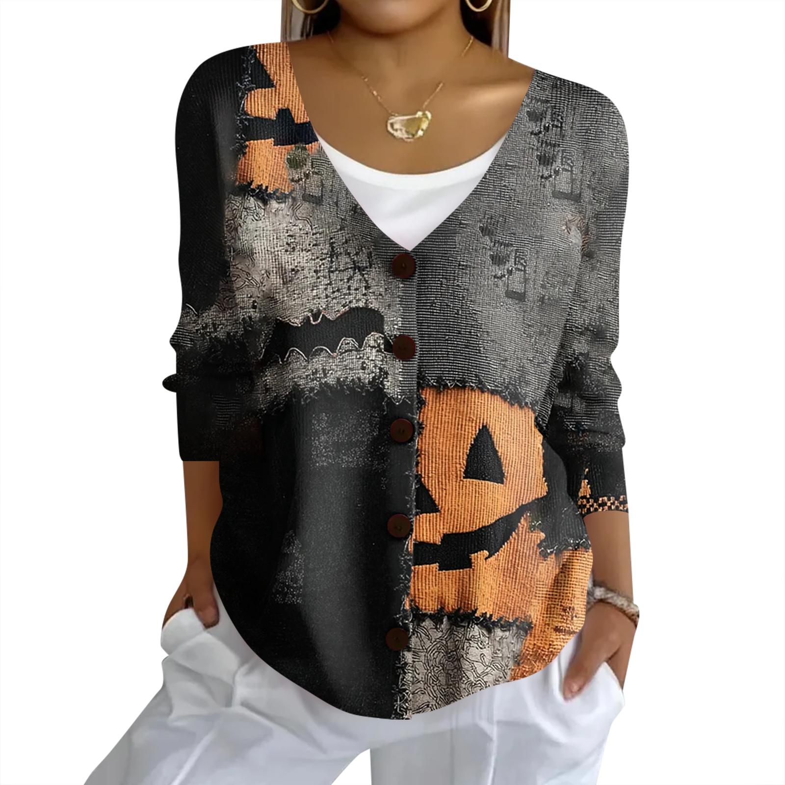 

Женский модный повседневный вязаный свитер на пуговицах, кардиган-жакет с принтом на Хэллоуин M