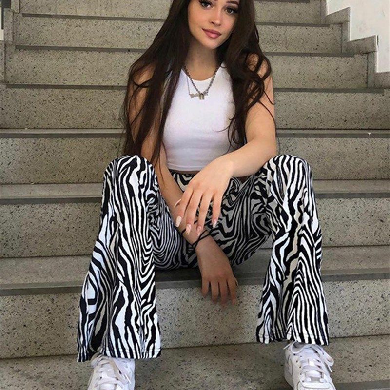 WannaThis Zebra Print Wide Leg Pants Trousers Sexy High Wais