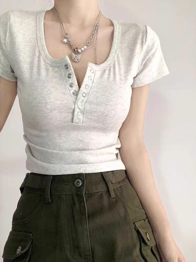 Plus Size Sweet French U-Neck Short Sleeve T-Shirt - American Style Slimming Button Top