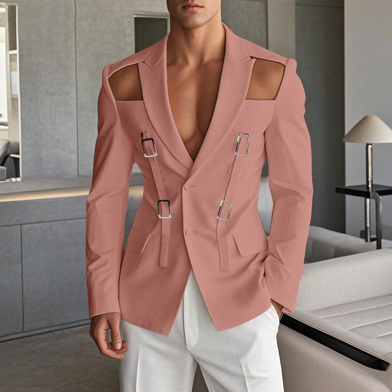 Europese En Amerikaanse Herenmode Holle Metalen Gesp Performance Kleding Effen Kleur Slim Fit Kostuumjasje Voor Mannen