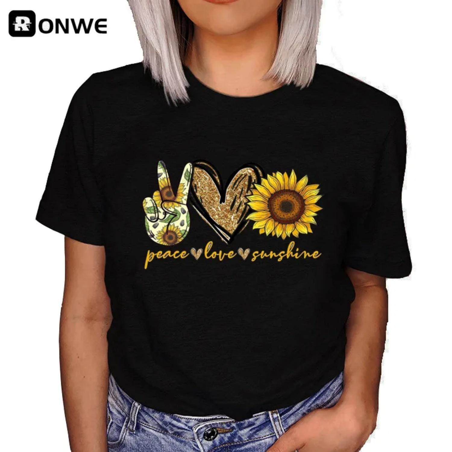 Sunflower Peace Love Sunshine Black Women T shirt Girl Harajuku Y2K White 90s T Shirt Fashion Female T-Shirt,Drop shipping S чёрный