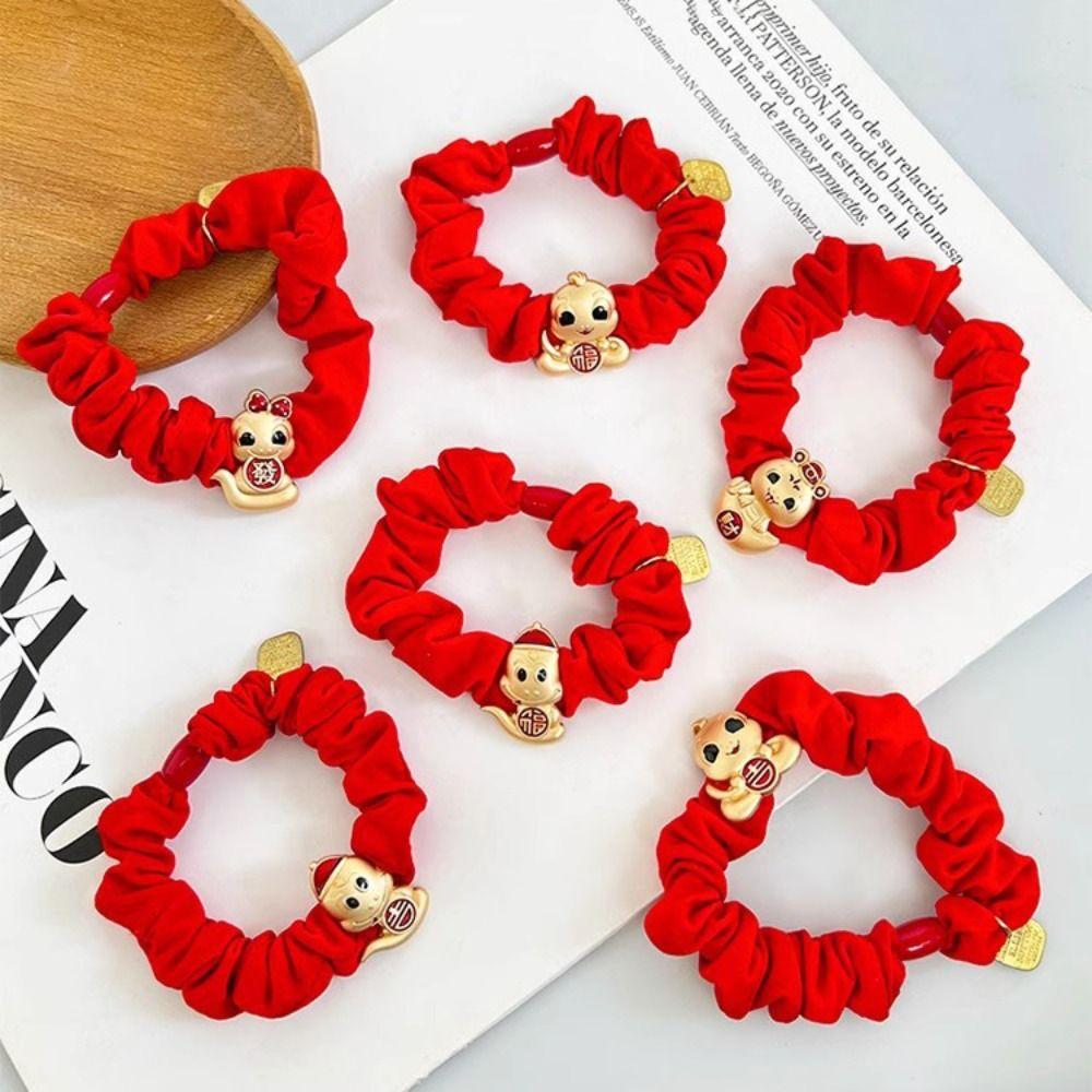Rhinestone New Year Hair Rope Red Chinese Style Bracelet Elastic Snake Year Hair Ring  Girls